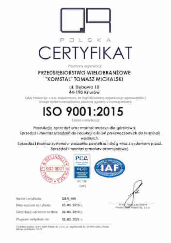 ISO 9001:2015 w firmie Komstal